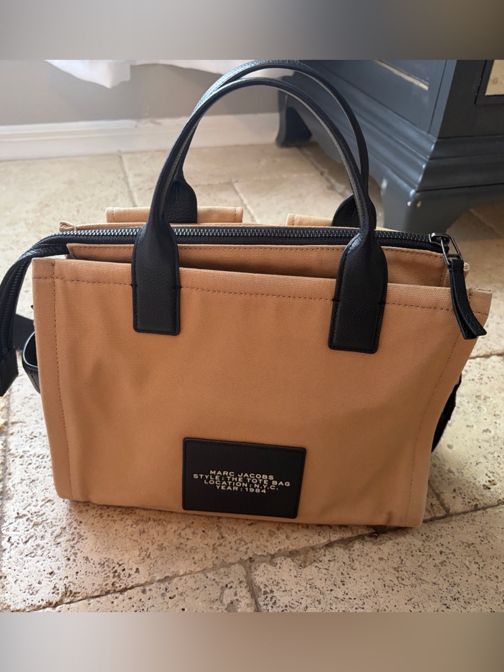 Marc Jacobs Tan Tote with Black Trim and Handles
